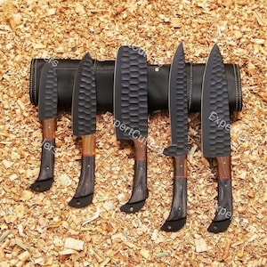 Hand Forged Powder Coated Chef Set Of 5pcs Handmade Carbon Steel Chef Set, Chef Knives Set, Kitchen Knives Set, Best Gift For Mother, Gifts