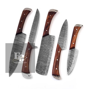 Juego de 5 cuchillos de cocina de acero de Damasco forjado a mano, juego de cubiertos, cuchillos para barbacoa, el mejor regalo, regalo para él