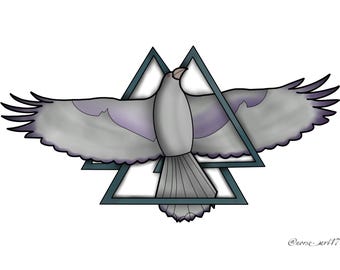 May include: A gray dove with purple accents flies through three overlapping teal triangles.