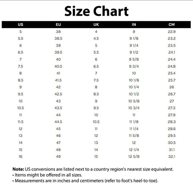 Pode incluir: Uma tabela de tamanhos em preto e branco intitulada Size Chart, com colunas para US, EU, UK, IN e CM. Lista convers&otilde;es de tamanhos de cal&ccedil;ado de 5 a 16 US, com as medidas correspondentes em polegadas e cent&iacute;metros para o comprimento do p&eacute;.