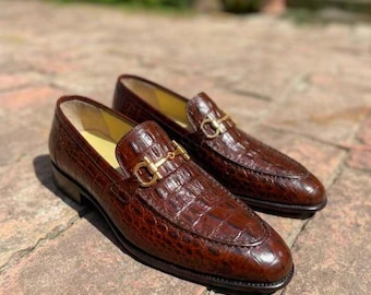 Handmade Casual Brown Alligator Loafers, Men's Leather loafers, Wedding Gift for Husband