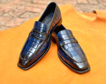 Mocassins bleus et noirs faits main sur mesure | Cadeau de mariage pour mari