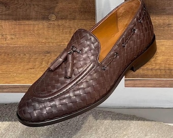 Handgemaakte leren loafers voor heren - Handgemaakte in elkaar grijpende leren slip-on schoenen, Italiaanse stijl geklede loafers, op maat gemaakt zomerschoeisel