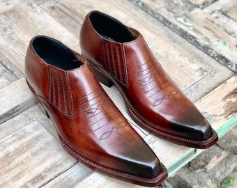 Handmade Embroidered Leather Cowboy Shoes, Western Style, Brown Boots, Wedding Gift for Husband