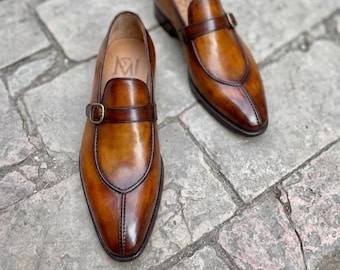 Mocassini da uomo su misura in pelle marrone patinata con fibbia / Scarpe slip-on artigianali con fibbia