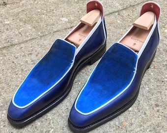 Blauwe fluwelen loafers voor heren | Handgemaakt cadeau voor echtgenoot | Huwelijksgeschenk voor mannen