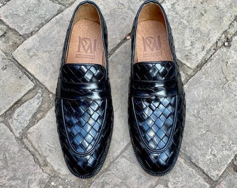 Handmade Black Knitted Leather Penny Loafers | Custom Made Men's Women's Loafers | Personalized Gift for Him Her | Unique Handcrafted Shoes