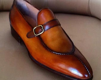 Bespoke Men's Brown Patina Leather Monk-Strap Loafers | Artisan Buckle Slip-Ons