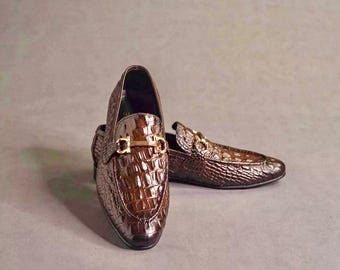 Handmade Casual Brown Alligator Loafers, Men's Leather loafers, Wedding Gift for Husband