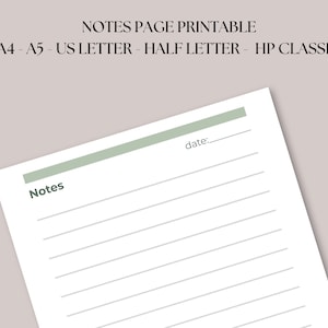 Può includere: Pagina di note stampabile con un'intestazione verde chiaro e la parola "Notes" nell'angolo in alto a sinistra. La pagina ha linee orizzontali per la scrittura e la parola "date:" nell'angolo in alto a destra. Il testo "NOTES PAGE PRINTABLE" e le opzioni di formato carta sono in alto.