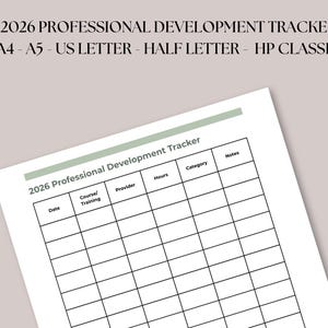 Può includere: Un foglio bianco del 2026 Professional Development Tracker con un'intestazione verde. Il tracker include campi per data, corso/formazione, fornitore, ore, categoria e note. Il testo indica la compatibilità con i formati A4, A5, US Letter, Half Letter e HP Classic.