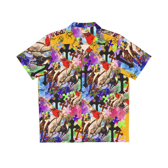 Yellow Ryme Ryche horse rider Men's Hawaiian Shirt (AOP)
