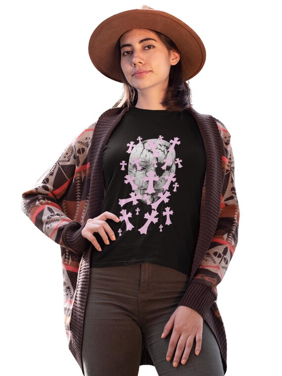 Raining Crosses Ladies Cotton Tee Unique Graphic T-Shirt, Casual Wear, Streetwear, Gift for Artists, Everyday Style By Ryme Ryche