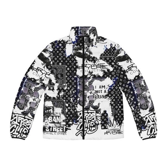 Urban Streetwear Puffer Jacket - Graffiti Print, Winter Fashion, Unisex Jacket, Street Style, Unique Outerwear, Graphic Winter Coat
