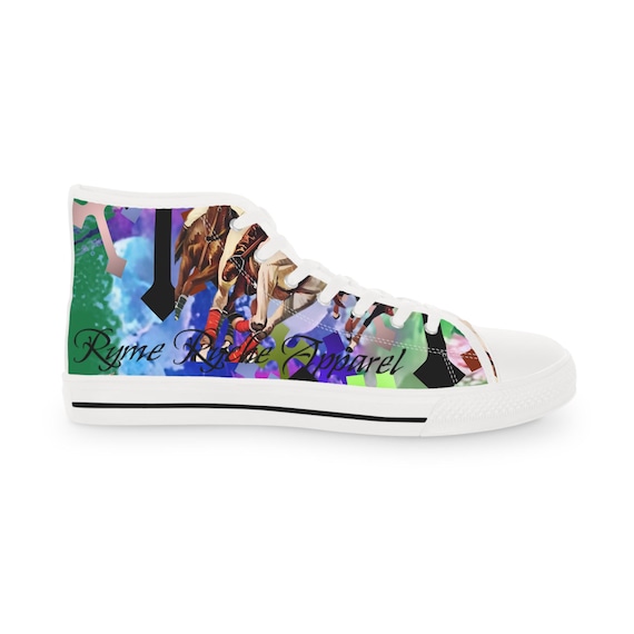 Green Horse rider High Top Sneakers, Unique Mens Casual Footwear for Festivals, Gifts, Street Style, Colorful Sneakers, Everyday Wear