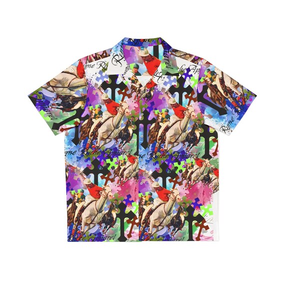 White Ryme Ryche Horse rider Men's Hawaiian Shirt (AOP)