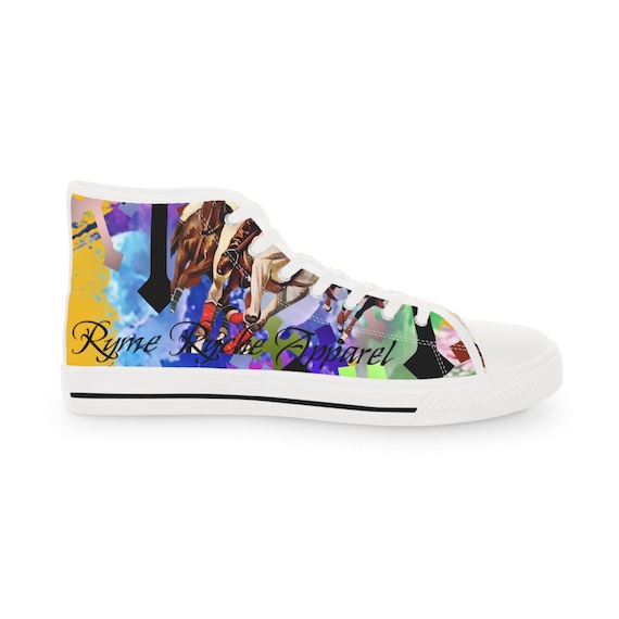 Yellow Horse rider High Top Sneakers, Unique Mens Casual Footwear for Festivals, Gifts, Street Style, Colorful Sneakers, Everyday Wear