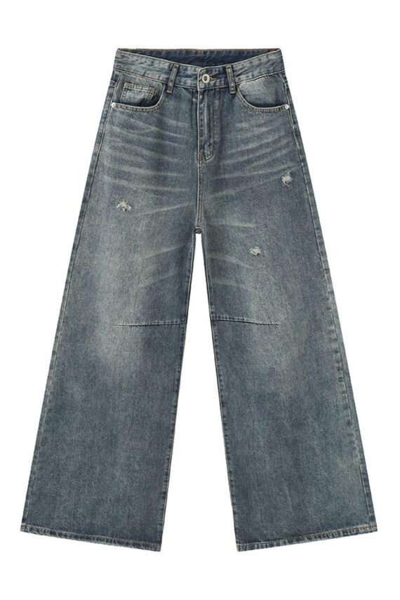 Distressed Wide Leg Men's Jeans with Pockets