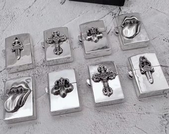 Sterling Silver Gothic Lighter – Punk Biker Cross & Symbol Design Metal Lighter