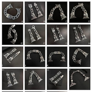 May include: A selection of silver watch straps featuring detailed chain and cross patterns. The image showcases different designs, including straps with clasps and arched configurations. The straps are displayed against a dark backdrop, emphasizing their metallic appearance.