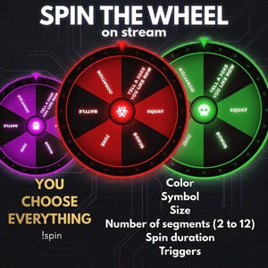 May include: Three digital spin wheels for streaming, colored purple, red, and green. Each wheel features segments labeled Donation, Tell a Joke You Like Now, Squat, Bonus, Joke, and Battle. Text reads SPIN THE WHEEL on stream, YOU CHOOSE EVERYTHING, !spin.
