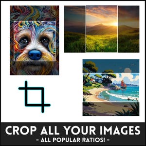 Peut inclure: Un collage de trois images. La première image est une peinture abstraite colorée d'un visage de chien. La deuxième image est une photo de paysage d'un champ herbeux avec une chaîne de montagnes en arrière-plan. La troisième image est une peinture d'une scène de plage avec un voilier dans l'eau.