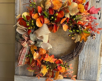 Fall Foliage Wreath, Dark and light Orange Leaves and Green Berries