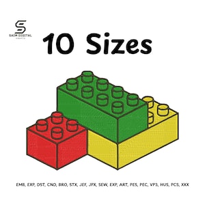 May include: An embroidery design featuring three interlocking building blocks in red, green, and yellow. The text "10 Sizes" appears at the top, and a list of file formats including EMB, EXP, DST, CND, BRO, STX, JEF, JPX, SEW, ART, PES, PEC, VP3, HUS, PCS, and XXX is at the bottom.
