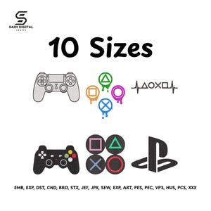 May include: A digital embroidery design collection featuring gaming icons including two game controllers, a heartbeat line with symbols, a PlayStation logo, and colourful melting shapes. Text includes Saim Digital Crafts, 10 Sizes, and file formats.