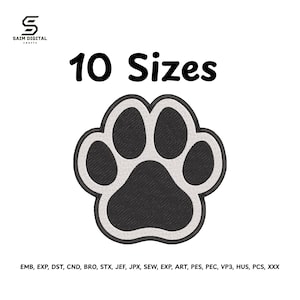 May include: An embroidery design of a paw print with black pads and a light gray outline. The text "SAIM DIGITAL CRAFTS" appears at the top, "10 Sizes" in the center, and a list of file formats including EMB, EXP, DST, CND, BRO, STX, JEF, JPX, SEW, ART, PES, PEC, VP3, HUS, PCS, XXX at the bottom.