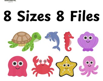 Sea Animals Embroidery Design Bundle, 8 Ocean Marine Life Patterns (Instant Download)
