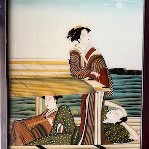 Vintage Reverse Glass Painting – Asian Scene, Japanese Style, 23&quot;×17&quot;