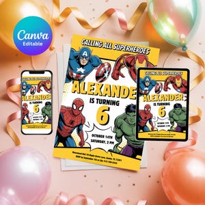 Superhero Birthday Invitation, Editable Canva Template comic Kids Party invite (Digital Download)