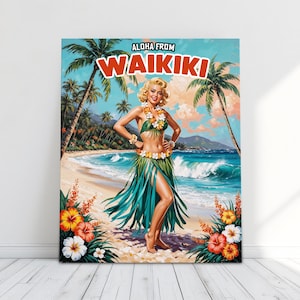Vintage Hula Art, Digital Download, Printable File Download, Retro Hula Girl, Retro Art, Vintage Hawaiian Art, Boho Beach Art, Vintage Art