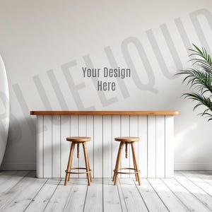 May include: A coastal-themed interior with a white surfboard leaning against a wall. A white bar with a wooden countertop and two wooden stools is in the center. A potted palm tree adds a touch of greenery. The text "Your Design Here" is visible.