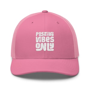 Positive Vibes Only Trucker Hat – Flamingo Pink Embroidered Mesh Cap, Retro Festival Snapback, Summer Beach Hat