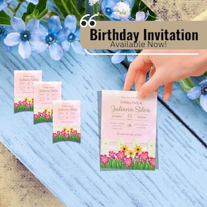Garten Thema Geburtstagseinladung | Blumige Party | Einladungsvorlage einladen | Canva Bearbeitbar | PDF herunterladbar und druckbar