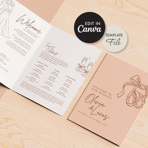 Wedding program template. Folded editable wedding day details card. Canva file, digital download.