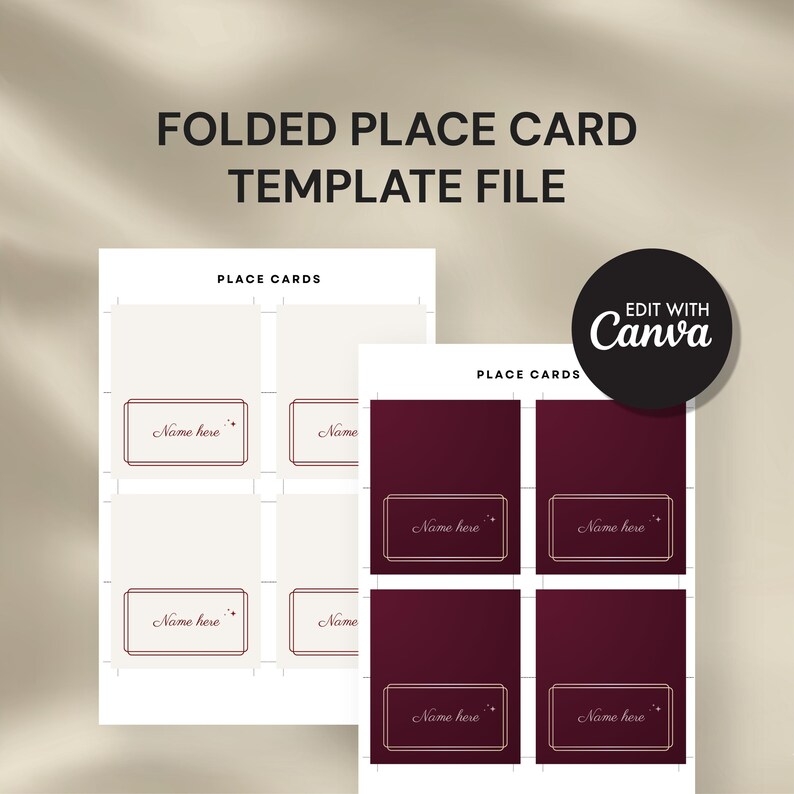 Folded place card template file. Edit in Canva. Print at home.