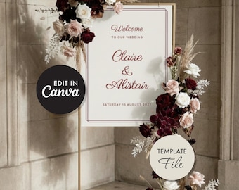 Burgundy Wedding Welcome Sign Template. Ceremony Decor. Editable Canva file. Instant Download.