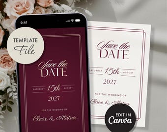 Burgundy Save the Date Teamplate. Wedding Invitation. Editable Canva file. Digital Download.