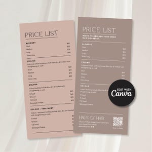 May include: Two price list cards for hair services. The cards are in shades of pink and brown, with text detailing blowdry, foiling, and colour services. The text includes prices and service descriptions. One card has a Canva edit circle.