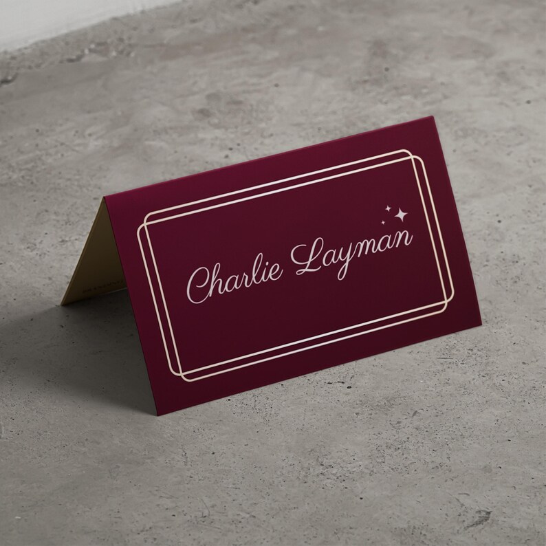Burgundy folded name card, dinner place card.