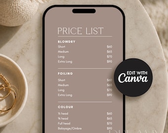 Instagram Price List Template. Electronic Service Treatment Menu. Canva file, digital download.