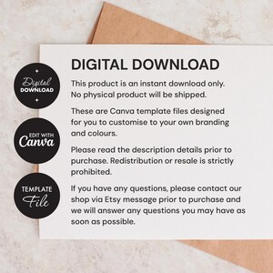 DIGITAL DOWNLOAD
This product is an instant download only.
No physical product will be shipped.
These are Canva template files designed for you to customise to your own branding and colours.
Please read the description details prior to purchase. Redistribution or resale is strictly prohibited.
If you have any questions, please contact our shop via Etsy message prior to purchase and we will answer any questions you may have as soon as possible.