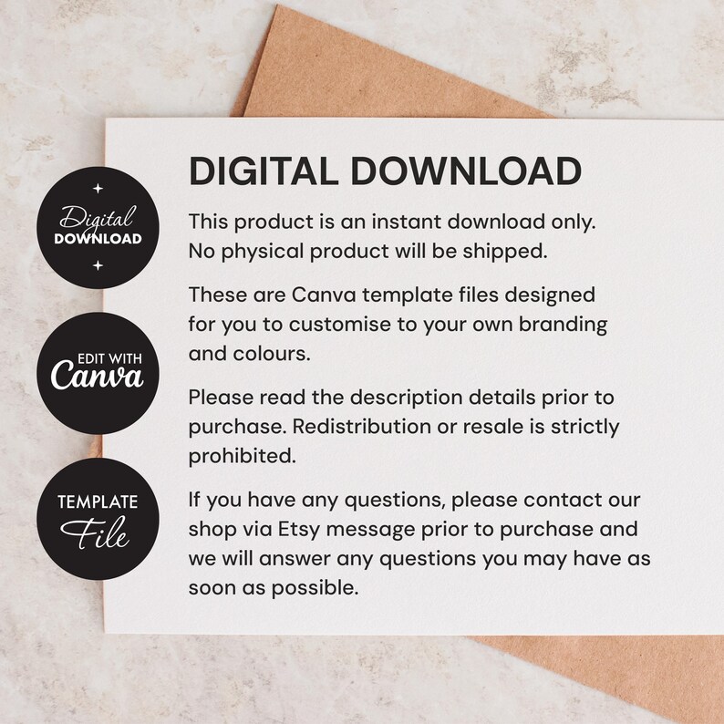 DIGITAL DOWNLOAD
This product is an instant download only.
No physical product will be shipped.
These are Canva template files designed for you to customise to your own branding and colours.
Please read the description details prior to purchase. Redistribution or resale is strictly prohibited.
If you have any questions, please contact our shop via Etsy message prior to purchase and we will answer any questions you may have as soon as possible.