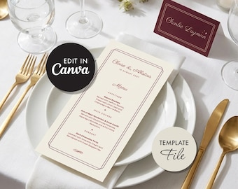 Wedding Menu Template. Printable design. Editable Canva file. Digital download.
