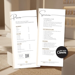 Vorlage für eine Preisliste. Minimalistisches Preis- und Servicemenü (Canva-Datei, digitaler Download)