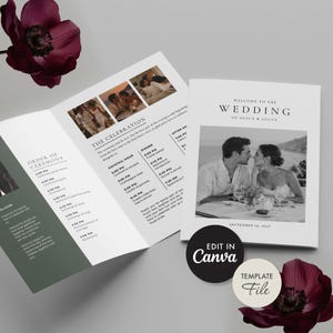 May include: A folded wedding programme template featuring black and white photographs of a couple, with text reading Welcome to the Wedding of Oliva & Lucus, Order of Ceremony, and The Celebration, alongside dark purple flower accents.