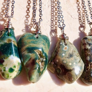 Ocean Jasper Necklace | Wire Wrapped Sea Jasper Tumbled Stone Pendant